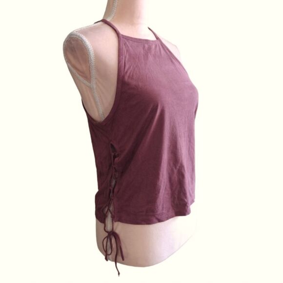 AEO Mauve Suede High Neck Lace Up Sides Crop Tank Top Large - Picture 3 of 16